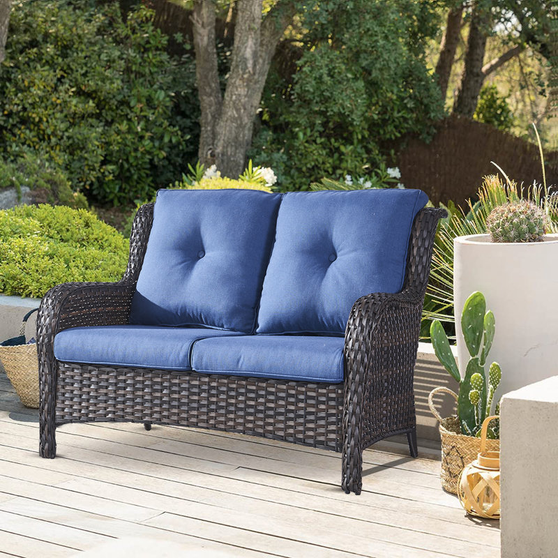 Hummuh Carolina 53'' Wide Outdoor Wicker Loveseat with Cushions